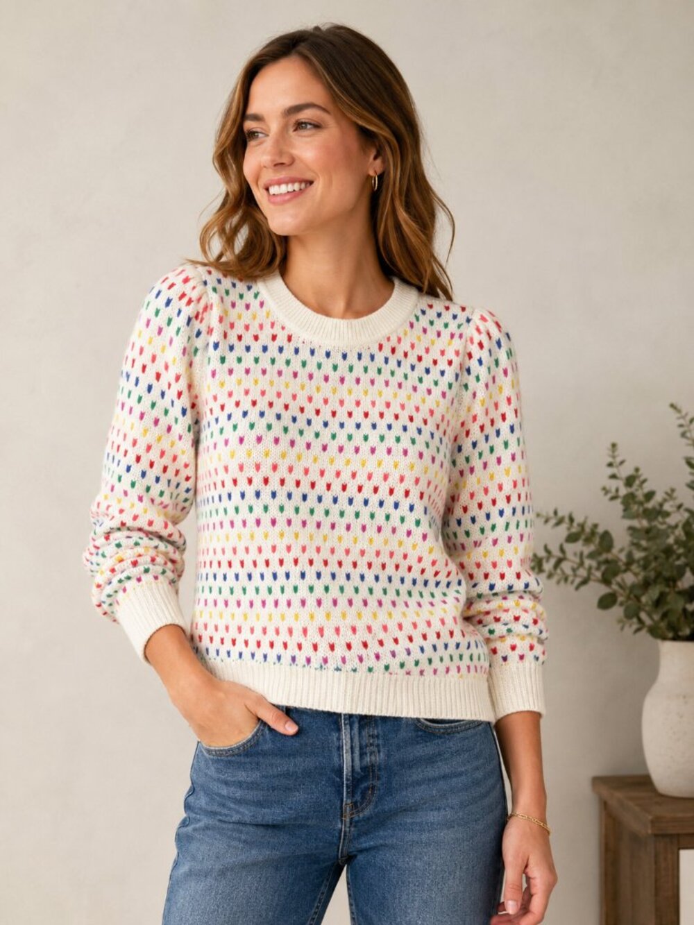 Talbots Rainbow Dot Sweater L Cottagecore Colorful Fair Isle Puff Sleeve 1422